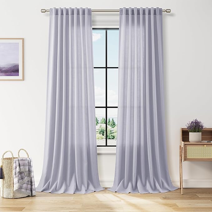 Nanspring Lavender Purple Linen Curtains 96 Inches Long for Living Room Boho Decor Light Filtering Semi Sheer Curtain Back Tab Rod Pocket Modern Luxury Drapes for Bedroom Office 52x96, 2 Panels