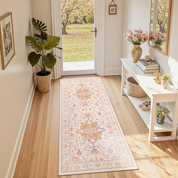 Area Rugs 2'x6' Runner Rug Non Slip Washable for Kitchen Hallway Bedroom Beside Laundry Room Bathroom Rug, Floor Carpet, Light Pink Colorful