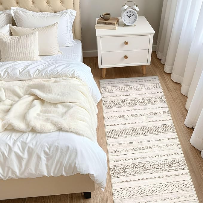 Nakagishi Runner Rug Kitchen Washable Rugs: 3x8 Non-Slip Boho Soft Modern Stain Resistant Indoor Floor Neutral Farmhouse Throw Carpet for Hallway Bathroom Laundry Room Entryway Bedroom- Brown