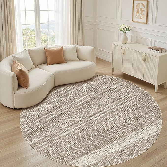 Nakagishi Area Rug Living Room Rugs: 4X4 Machine Washable Boho Large Neutral Farmhouse Stain Resistant Moroccan Indoor Floor Carpet for Bedroom Nursery Dorm Dining Room Home-Dark Brown