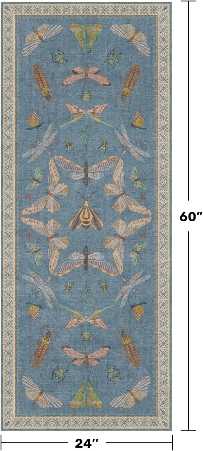 Hazo Haus Boho Non Slip Kitchen Rug Runner - 2x5 Blue Washable Thin Rug for Bathroom, Laundry Room, Hallway, Non Slip with Rubber Backing, Insect Print Unique Runner