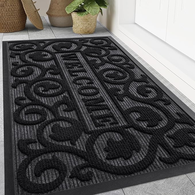 Smiry Welcome Door Mat Outside Entrance, Heavy Duty Trap Dirt and Moisture Easy Clean Low Profile Patio Porch Indoor Outdoor Front Doormat for Entry, 47x32 Inch, Black