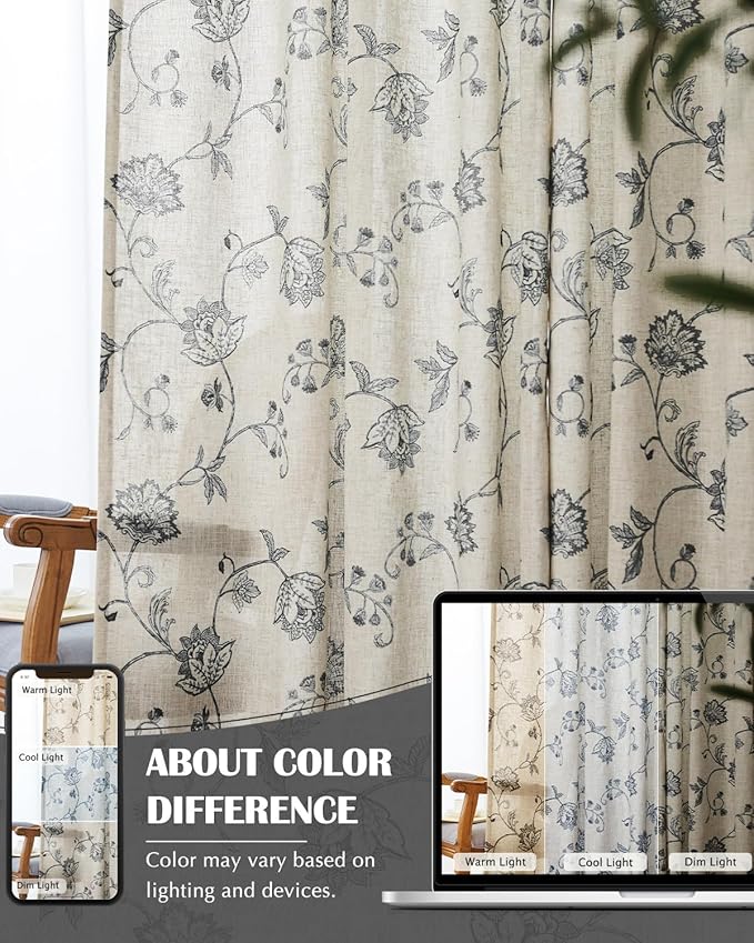 jinchan Linen Curtains Floral Curtain 84 Inch Length for Living Room Bedroom Light Filtering Rod Pocket Back Tab Jacobean Curtains Flax Linen Texture Window Drapes Set 2 Panels Black on Linen