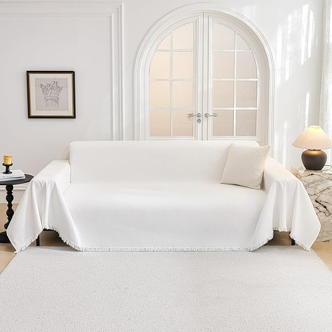 MYSKY HOME Oversized Couch Cover Sofa Covers Couch Covers for 3 Cushion Couch Sofa Pet Friendly L Shaped Couch Cover Sectional Couch Covers Non Slip Furniture Protector for Kids, Dogs, 91"x150", White