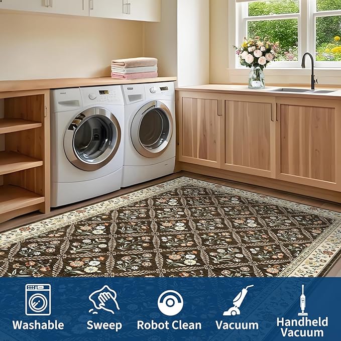 GarveeHome 8x10 Washable Large Living Room Rug Water Resistant Distressed Vintage Floral Non Slip Low Pile Soft Rug for Bedroom Farmhouse Dining Room Kids Playroom Nursery Brown Natural