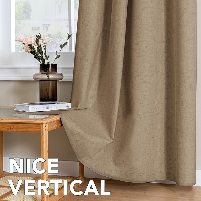 H.VERSAILTEX Linen Curtains 100% Blackout Curtains for Bedroom 102 inch Long Full Light Blocking Nature Linen Blended Window Curtains for Living Room Nickel Grommet (2 Panels, Heathered Macchiato)