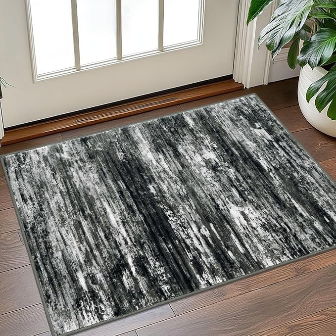KOZYFLY Modern Abstract Entryway Rugs 2x3, Washable Kitchen Rug Non-Slip Soft Small Bathroom Rug, Black Grey Striped Small Area Rugs Print Faux Wool Doormat for Bedside Entrance Bedroom Sink