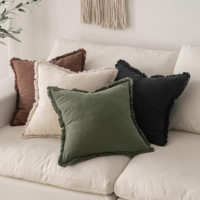 MIULEE Decorative Throw Pillow Covers Neutral Linen Fringe Throw Pillows Set of 2 Black Boho Farmhouse Cushion Covers with Tassels for Couch Sofa Bed Living Room Spring Home Decor 18x18 Inch