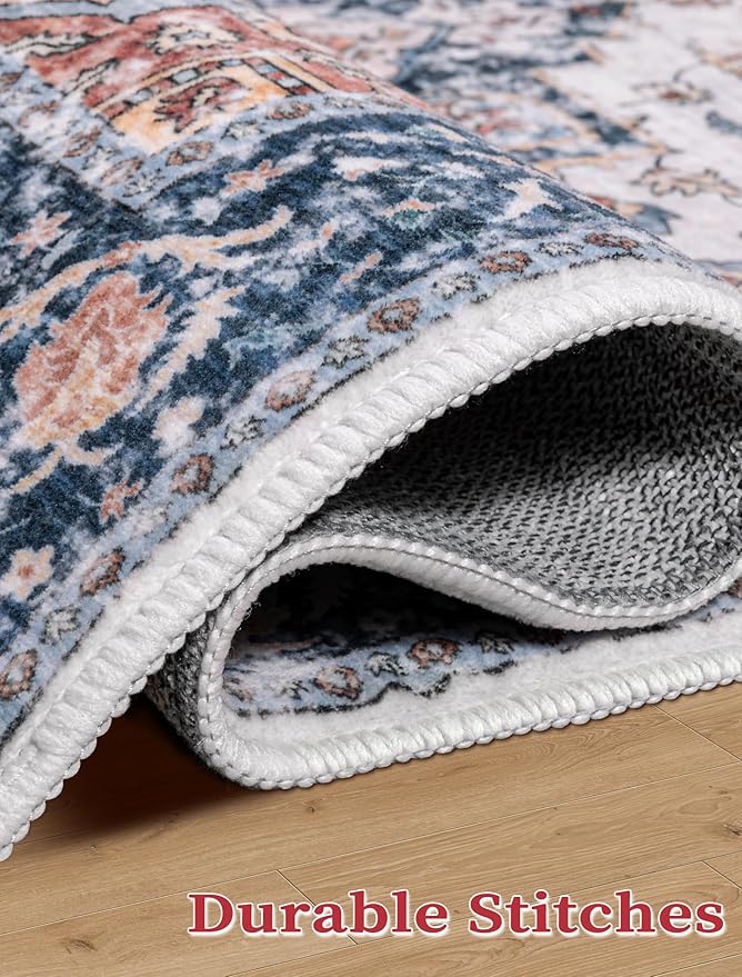 SERISSA Boho Washable Runner Rug, 2'6"x10' Long Non-Slip Vintage Blue Orange Hallway Kitchen Stair Runner Rug Ultra Soft Print Distressed Floor Carpet for Bedroom Bathroom Laundry Room