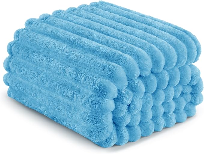 Exclusivo Mezcla Queen Size Flannel Fleece Blanket, Super Soft Striped Jacquard Bed Blanket, Lightweight Fuzzy Cozy for All Seasons, 90x90 Inches, Blue