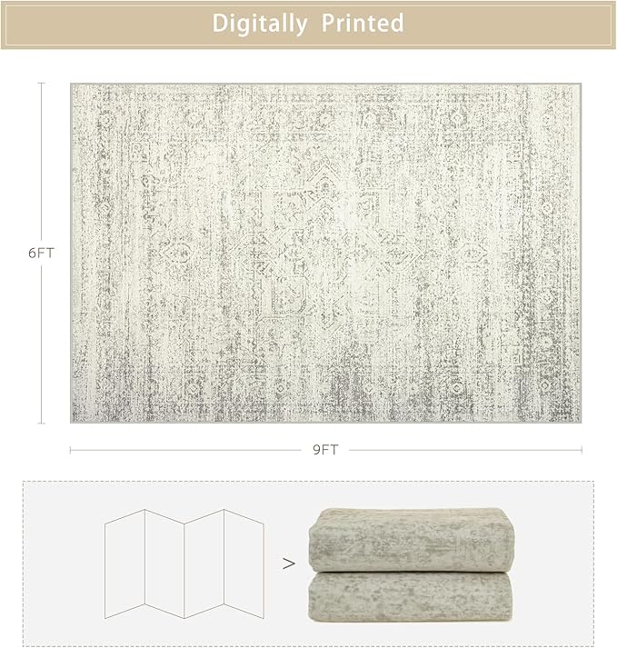 Washable Rugs 6x9 Area Rugs for Living Room,Bedroom,Dining Room- Large Ultra Soft Faux Wool Retro Carpets,Non Slip&Non-Shedding Low Pile Vintage Print Rug for Home Office Decor-Beige