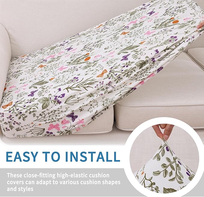 hyha Printed Couch Cushion Covers, Floral Sofa Covers Washable for 3 Cushion Couch, Stretch Pattern Outdoor Cushion Covers for Patio Furniture with Elastic Bottom(Large, Sage Wild Green)