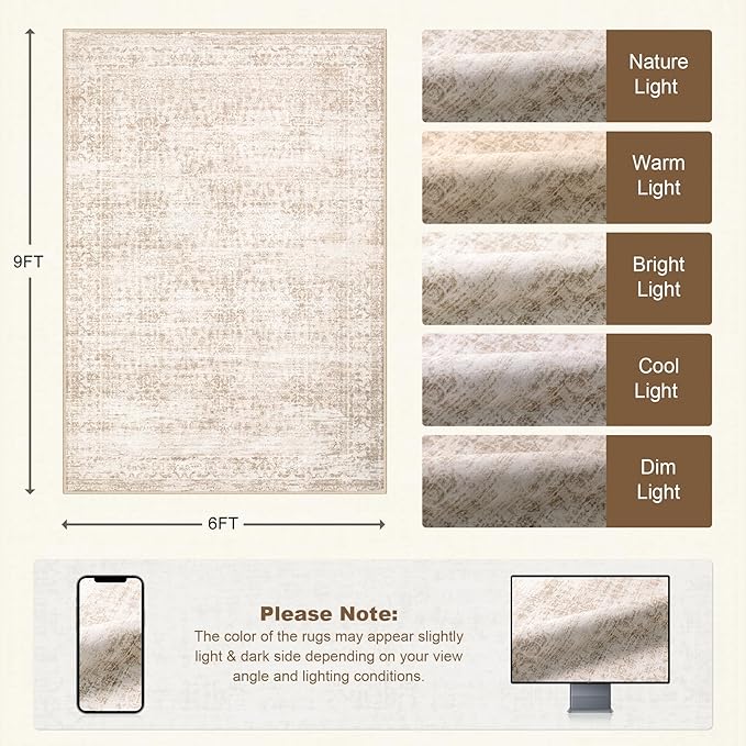 6x9 Area Rugs Living Room Rug: Washable Vintage Boho Rug No Slip Stain Resistant Soft Carpet Indoor Floor Floral Large Carpets for Bedroom Dining Room Farmhouse Nursery Home Office Beige