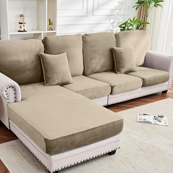 Couch Cover 8-Piece Elastic Velvet Couch Cushion Covers & Chaise Slipcovers for L-Shaped Sofas - Sofa Seat Covers Washable, Soft Cover for Couches (7 Seater + Chaise, Leather Brown)