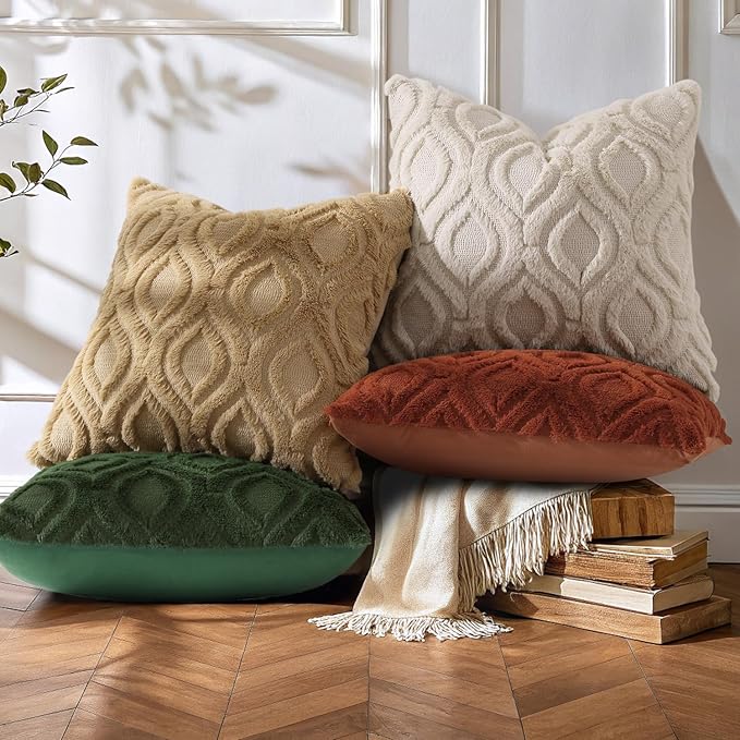 decorUhome Throw Pillow Covers 12x12 Inch Set of 2, Soft Plush Decorative Faux Fur Beige Solid Couch Pillow Covers, Accent Farmhouse Neutral Square Pillow Cases for Sofa Bed Living Room
