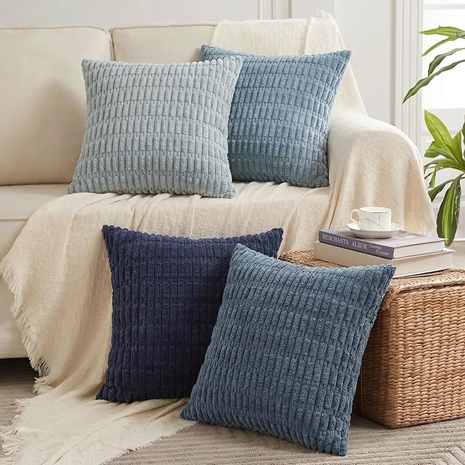 Fancy Homi Set of 4 Blue Decorative Throw Pillow Covers 16x16 Inch for Couch Bed Chair, Modern Farmhouse Boho Room Decor, Soft Fuzzy Corduroy Textured Striped Coastal Blue Cushion Case 40cm