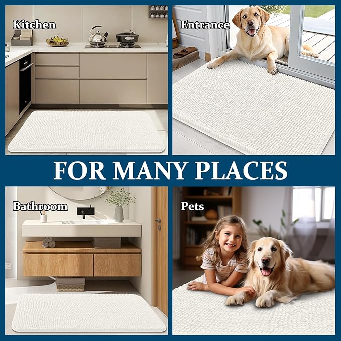 OLANLY Dog Door Mat for Muddy Paws 47x17, Absorbs Moisture and Dirt, Absorbent Non-Slip Washable Doormat, Quick Dry Chenille Mud Mat for Dogs, Entry Indoor Entryway Carpet for Inside Floor, Ivory