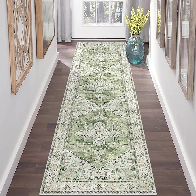 Yamaziot Washable Runner Rug, 2x8 Non-Slip Boho Vintage Hallway Rug Runner with Rubber Backing, Stain Resistant & Low Pile Faux Wool Distressed Carpet Runner for Kitchen, Laundry, Entrance, Sage Green