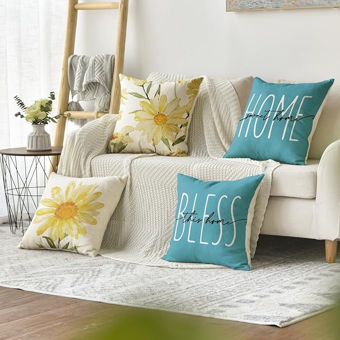 AVOIN colorlife Home Sweet Home Spring Summer Flowers Yellow Throw Pillow Covers, 16 x 16 Inch Blue Cushion Case for Sofa Couch Set of 4