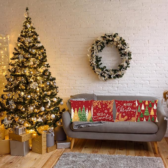 ONFAON Christmas Decorations - Christmas Pillow Covers 18 x 18 Inches Set of 4,Xmas Tree Throw Pillow Cases Winter Holiday Decor for Sofa Living Room