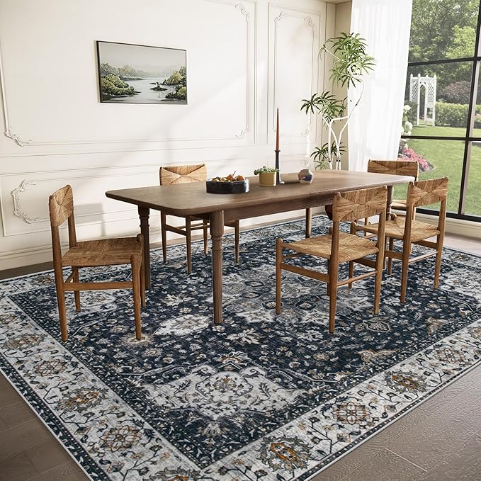 Area Rug 8x10 Washable Rug, Vintage Boho Medallion Rugs Non-Slip Soft Low Pile Large Distressed Rug Indoor Retro Carpet for Living Room Bedroom Dining Room Home Office (Vintage Black, 8'x10')