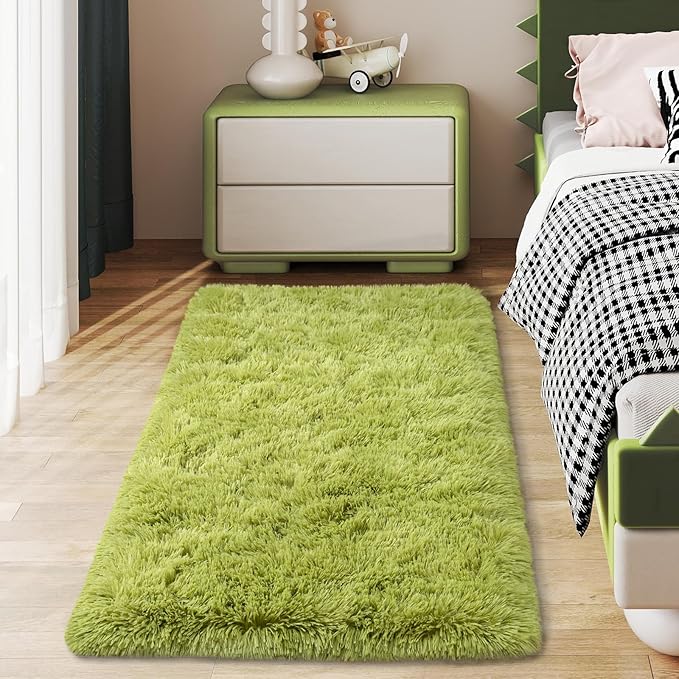Soft Runner Rugs for Bedroom Hallways, 2x4 Grass Green Fluffy Shag Throw Area Rug Non Slip for Bedside Dorm, Long Shaggy Furry Carpet for Nursery Living Room