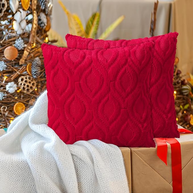 decorUhome Throw Pillow Covers 24x24 Inch Set of 2, Soft Plush Faux Wool Red Solid Couch Pillow Covers, Accent Euro Sham Farmhouse Neutral Square Pillow Cases for Sofa Bed Living Room