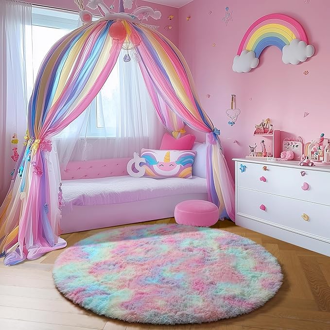 Amdrebio Rainbow Fluffy Round Rug 5Ft Kids Rugs for Girls Bedroom, Unicorn Room Decor, Colorful Pastel Shag Carpet for Playroom Baby Nursery, Cute Furry Kawaii Circle Area Rug for Toddler Princess