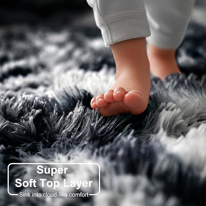 Amdrebio Black White Grey Circle Rug 6Ft Round Area Rugs for Living Room Bedroom, Fluffy Fuzzy Shaggy Furry Rugs for Home Office Kids Room Dorm, Plush Modern Cool Floor Shag Carpet for Men Teen Boys