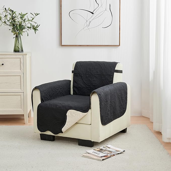 Great Bay Home Reversible Chair Cover - Washable Slipcover Furniture Protector with Elastic Straps - Perfect for Kids & Pets - Quilted & Stitched Detail (Black/Taupe)