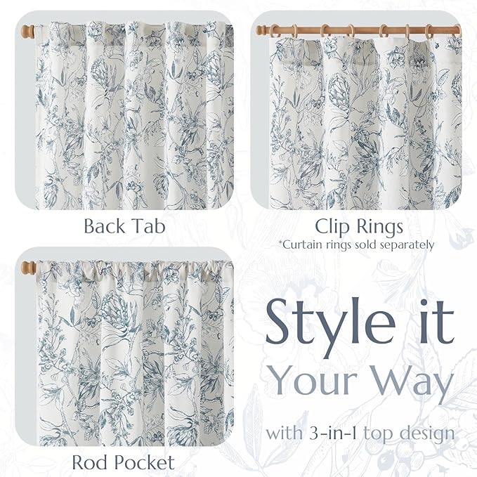 jinchan Floral Curtains 84 Inches Long Blue Flower Linen Farmhouse Curtain for Living Room French Country Vintage Curtain Rod Pocket Curtains Set 2 Panels Blue Floral Printed