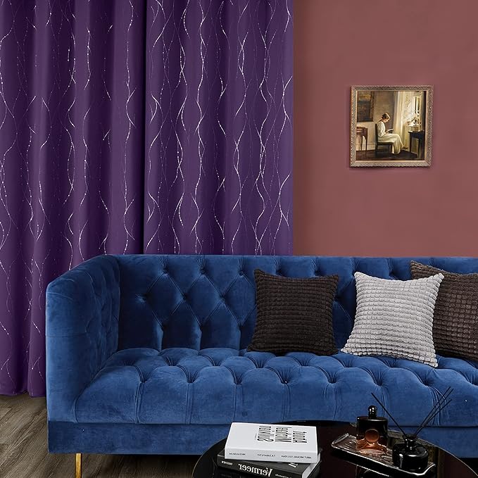 Deconovo Short Purple Curtains, Blackout Drapes with Wave Line Silver Print, 38 x 45 Inches Long, Thermal Insulated Panel, Grommet Top, Machine Washable, Set of 2 Panels for Kitchen Nursery Bedroom