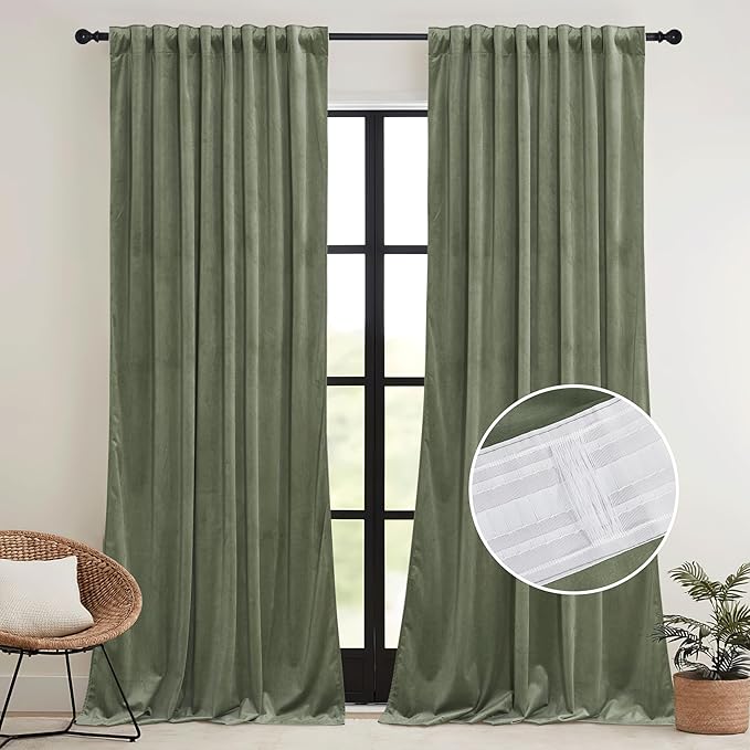 RYB HOME Extra Long Velvet Curtains 120 inches Long, High Ceiling Curtains for Living Room Bedroom Sliding Glass Door, Sage Green, W 52 x L 120, 2 Panels Set