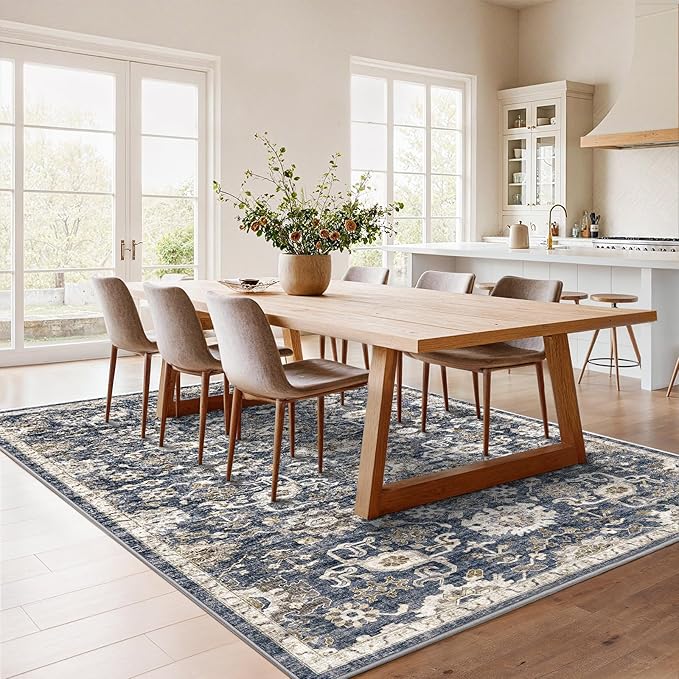 AMADA HOMEFURNISHING 6x9 Area Rugs, Blue Low-Profile Washable Rug with Non-Slip Backing & Durable Edge Binding, Vintage Rugs for Living Room, Bedroom, Dining Room
