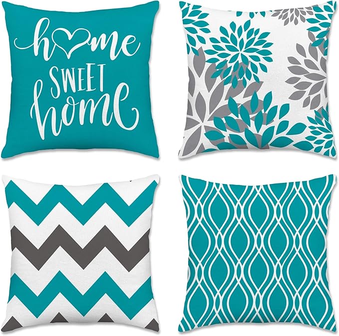 Hexagram Geometric Teal Pillow Covers 18x18 Set of 4, Decorative Outdoor Boho Modern Throw Pillow Covers, Home Sweet Home Farmhouse Cushion Case for Couch Sofa Bedroom Indoor Decor(No Insert)