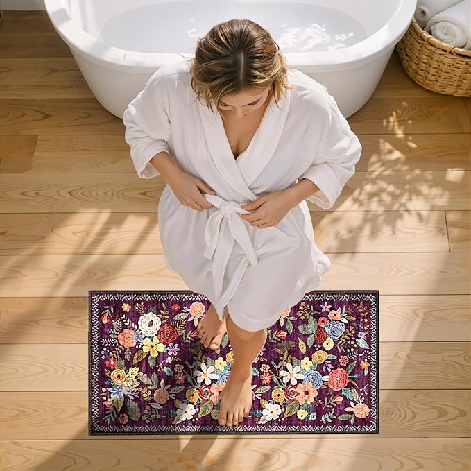 2x4 Entryway Runner Rugs, Non Slip Washable Rugs with Rubber Backing Soft Floral Carpet Runner for Kitchen, Laundry, Bedroom, Bathroom(2 x 4, Purple Lawn)