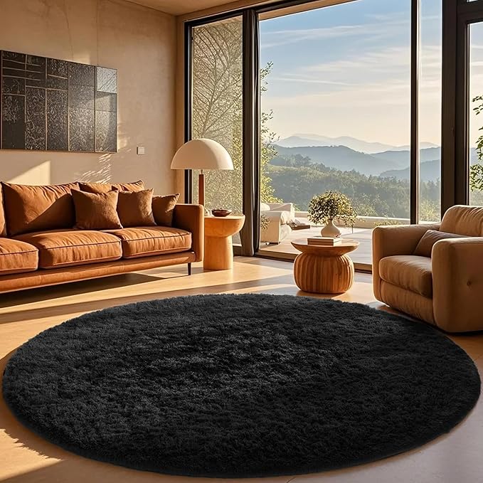 Ophanie Round Rug 8Ft Black Circle Area Rug, Room Decor for Men, Fluffy Fuzzy Bedroom Carpet, Plush Soft Shaggy Living Room Rugs for Kids Home Decor Aesthetic, Nursery