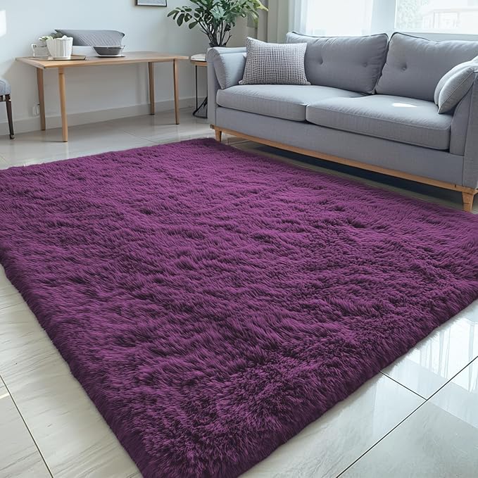 OLANLY 5x7 Machine Washable Large Area Rugs for Living Room, Bedroom, Soft Fluffy Shaggy Bedside Rug, Indoor Floor Carpet for Kids Girls and Boys, Dorms, Nursery, Home Decor Aesthetic, Dark Purple