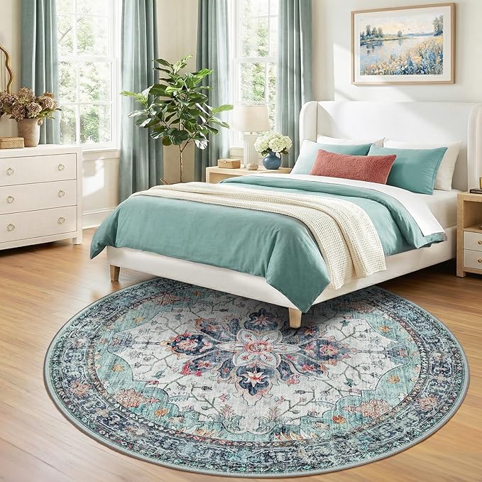 Area Rugs 8ft Washable Non-Slip, Floral Vintage Distress Print Pattern Medallion Carpet for Living Room Bedroom Dining Room, Green Navy Blue White Red Teal Colorful