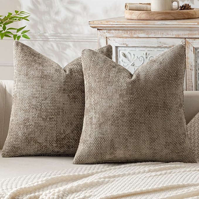 MIULEE Pack of 2 Couch Throw Pillow Covers 20x20 Inch Neutral Khaki Modern Boho Accent Decorative Pillow Covers Soft Chenille Farmhouse Cushion Covers for Home Decor Bed Sofa Living Room