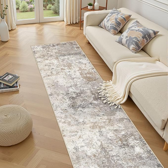 UERMEI 2X10 Washable Runner Rug for Hallway: Soft Neutral Modern Abstract Area Rug - Non-Slip Low Pile Long Throw Indoor Carpet for Kitchen Entryway Kitchen Bedroom Laundry - Brown Grey