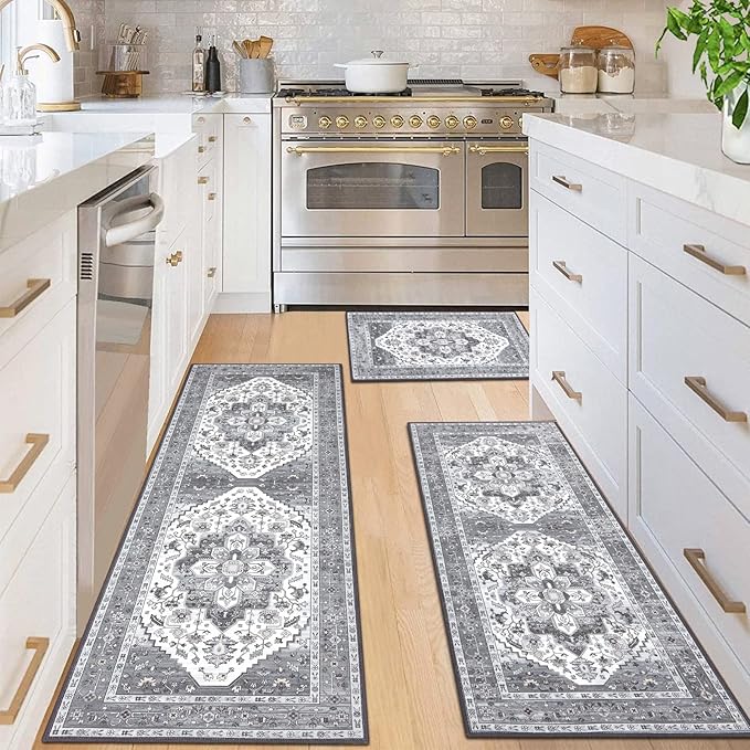 HEBE Boho Kitchen Rug Sets 3 Piece with Runner Non Slip Kitchen Rugs and Mats Washable Kitchen Mats for Floor Thick Kitchen Floor Mat Carpet Runner Rugs for Hallway Laundry Holiday Decor