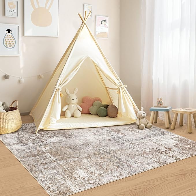 UERMEI Square Area Rugs : Washable 5x5 Neutral Modern Abstract Carpet for Living Room Bedroom - Soft Floor Mat with Non Slip Backing for Kitchen Nursery Dorms Farmhouse Home Decor - Brown/Grey/Red