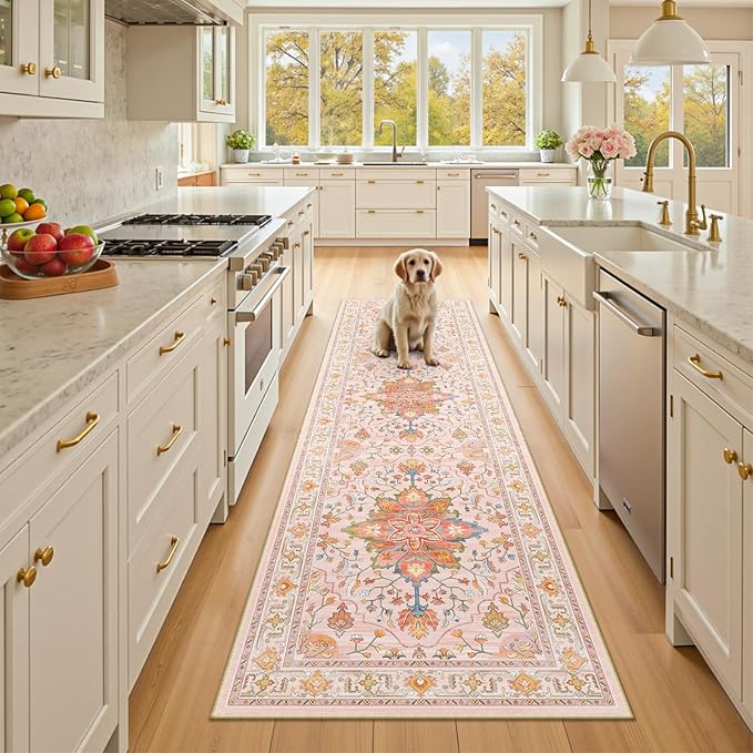 RELEANY Area Rugs 2'x8' Runner Rug Non Slip Washable for Kitchen Hallway Bedroom Beside Laundry Room Bathroom Rug, Floor Carpet, Light Pink Colorful