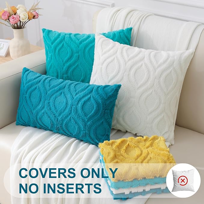 decorUhome Summer Throw Pillow Covers 22x22 Inch Set of 2, Soft Plush Faux Wool Turquoise Solid Couch Pillow Covers, Accent Euro Sham Farmhouse Neutral Square Pillow Cases for Sofa Bed Living Room