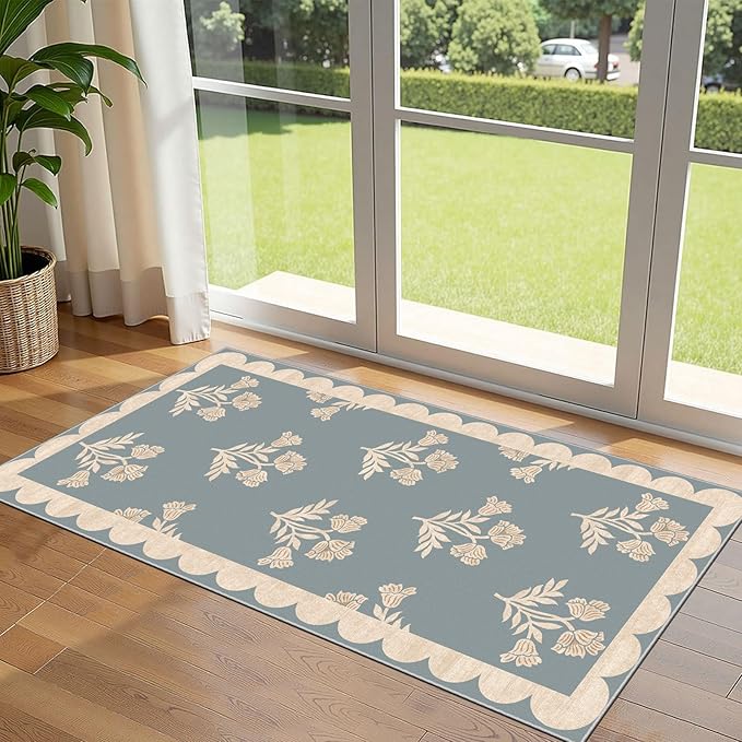 Front Door Mat Indoor Entrance - 2x4.3 Ft Floral Washable Layered Doormat Outdoor Entrance Porch Rug Non-Slip Blue Retro Farmhouse Runner Rug for Kitchen Bedroom Laundry Room Porch Decor