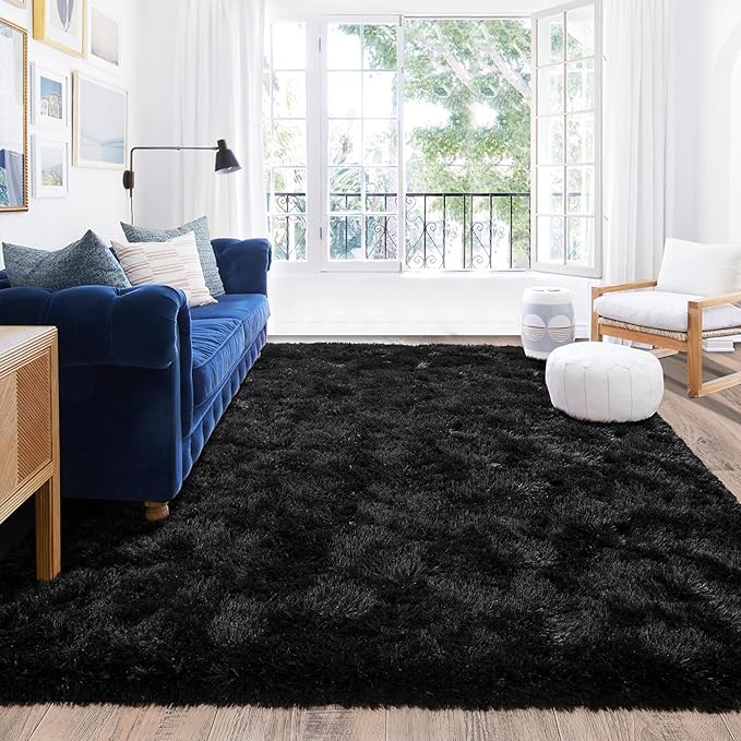 Large Rugs for Living Room 9x12, Soft Shaggy Modern Shag Area Rug for Bedroom, Upgrade Non-Slip Plush Fluffy Carpet for Kids Boys Girls Room Home Decor Aesthetic, Black