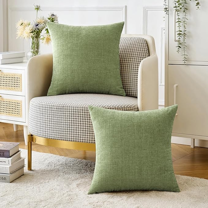 MIULEE Pack of 2 Couch Throw Pillow Covers 22x22 Inch Spring Soft Sage Green Chenille Pillow Covers for Sofa Living Room Solid Dyed Pillow Cases