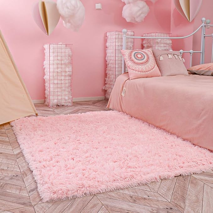 Ophanie Pink Area Rugs for Bedroom Girls, 5x8 Kids Fluffy Fuzzy Furry Shag Carpet, Plush Soft Cute Baby Shaggy Bedside Indoor Floor Rug for Teen Dorm Home Decor Aesthetic, Nursery