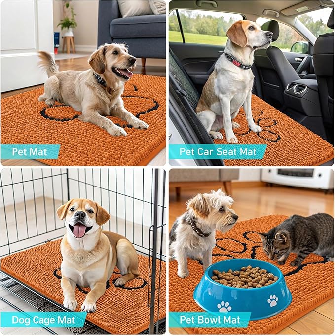 OLANLY Dog Door Mat for Muddy Paws 36x24, Paw Print Design, Absorbs Moisture and Dirt, Absorbent Non-Slip Washable Doormat, Quick Dry Chenille Mud Mat for Dogs, Entry Indoor Entryway Carpet, Clay